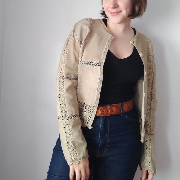 Vintage Jackets & Blazers - Vintage Beige Suede and Crochet Patchwork Jacket